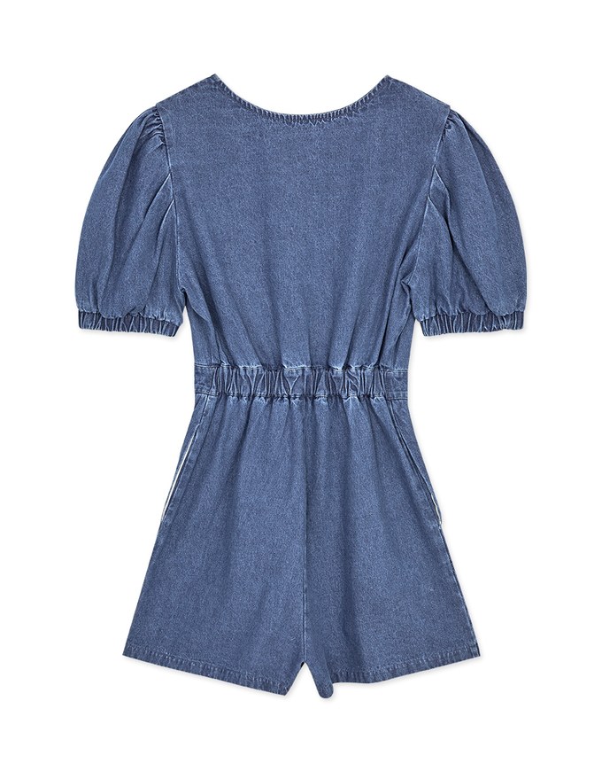 Whimsical Puff Sleeve Button -Up Denim Jeans Playsuit
