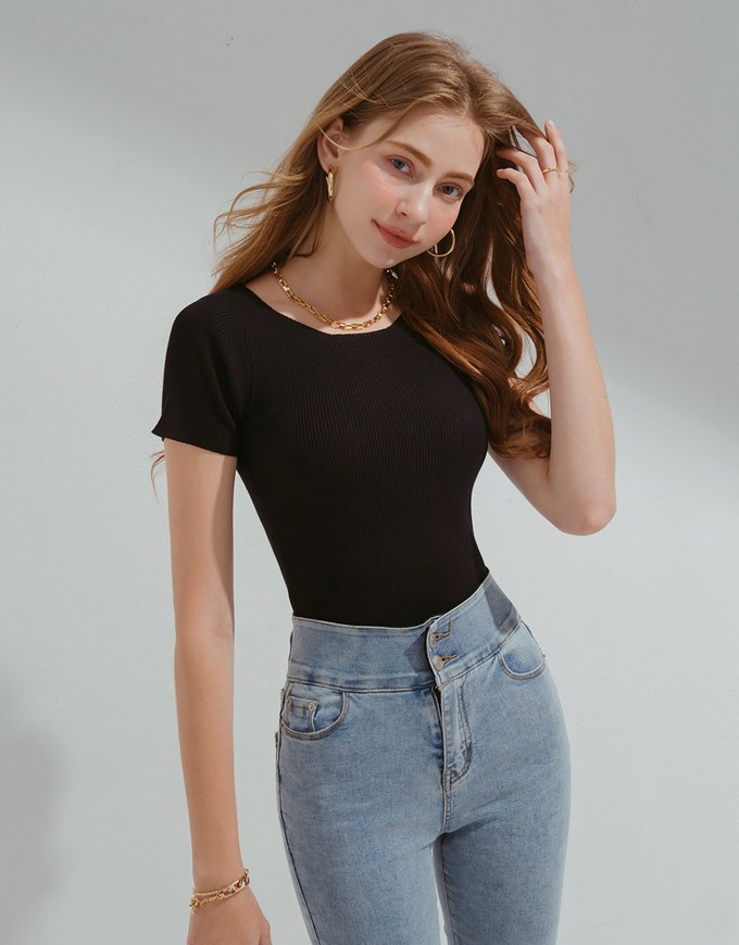 Refined Hollow Crossover 2WAY Ribbed Top