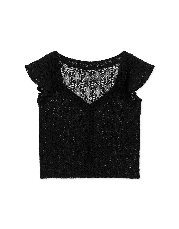 Finest Sheer Crochet Ruffled Buttoned Top