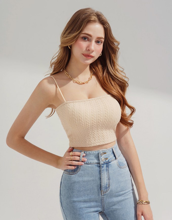Textured Thin Strap Crop Cami Top (With Padding)