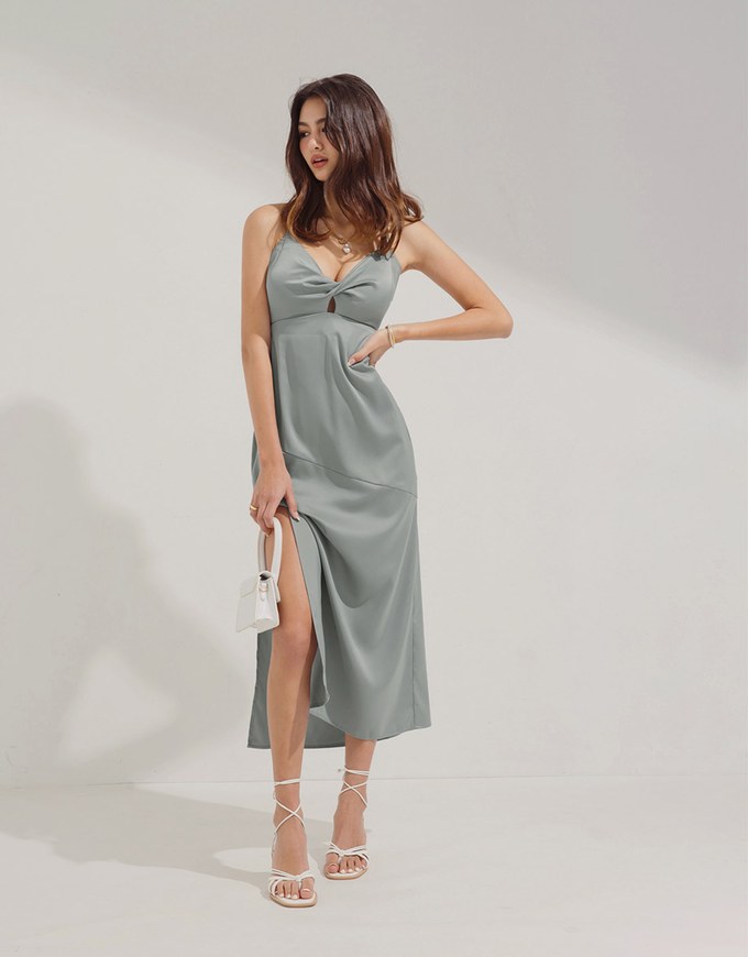 Front Twist Hollow Back Tie-Strap Slit Maxi Dress (With Padding)