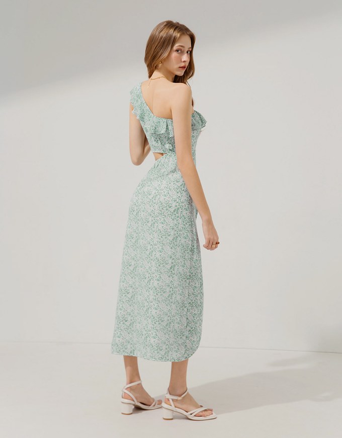 One-Shoulder Floral Slit Maxi Long Dress (With Padding)
