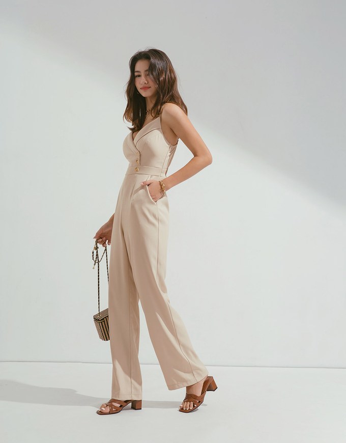 Thin Strap Overlap Buttoned Jumpsuit (With Padding)