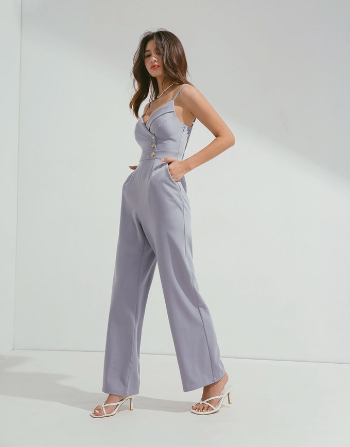 Thin Strap Overlap Buttoned Jumpsuit (With Padding)