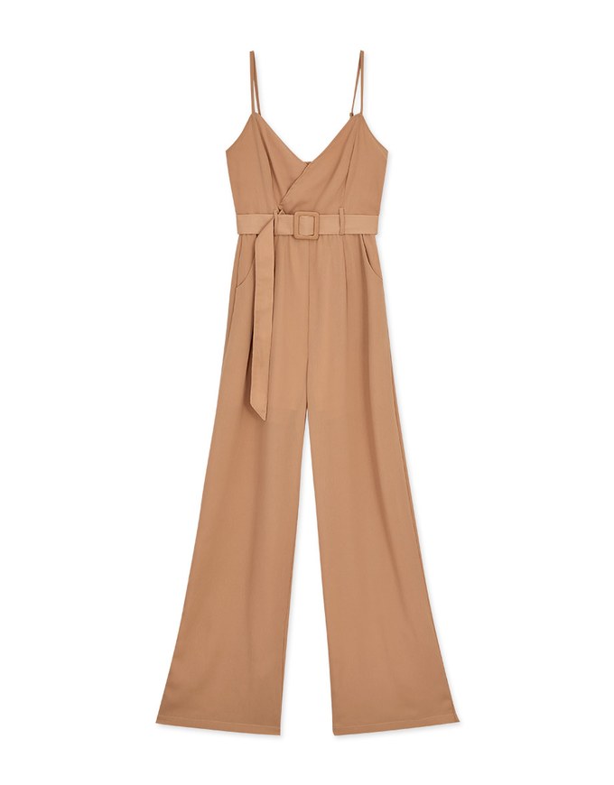 Thin Strap Crossover V-Neck Jumpsuit (With Belt)