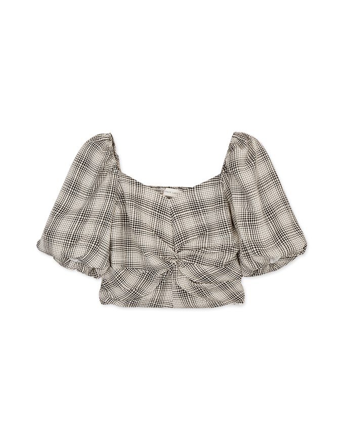 Front Twist Checkered Puff Sleeve Top