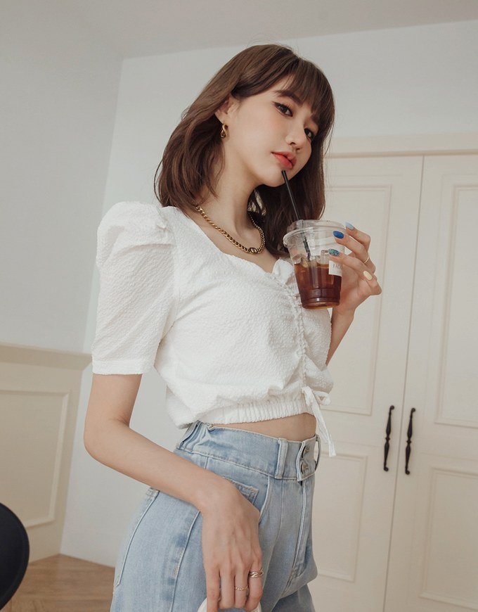 Crinkled Checkered Scrunch Cinched Waist Top