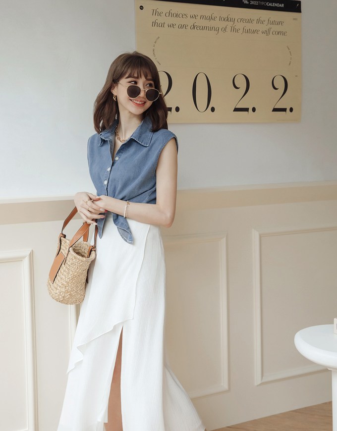 Iconic Front-Tie Denim Jeans Sleeveless Blouse Shirt