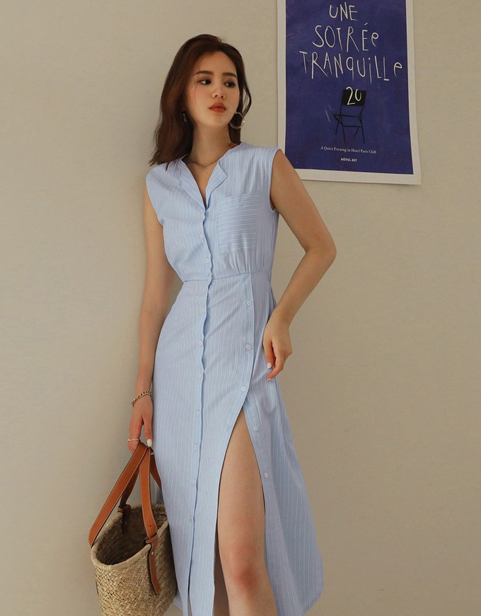Double-Breasted Striped Slit Shirt Maxi Dress