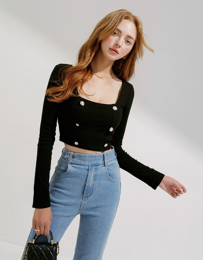 Square Neck Double Breasted Crop Top