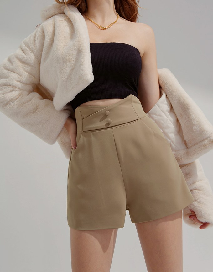 Overlapping V Neck Double Button High Waisted Shorts