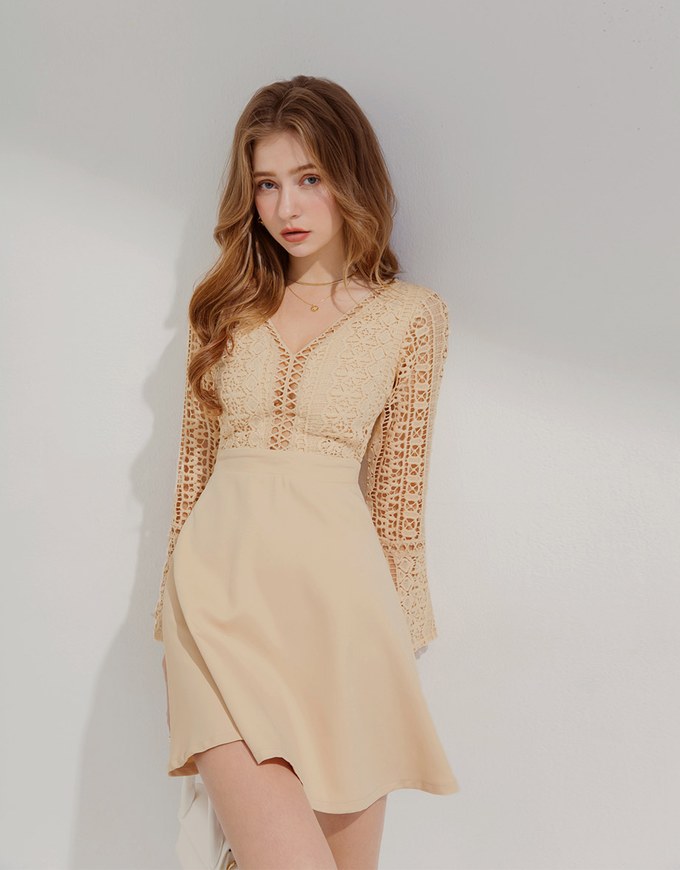 V-Neck Translucent Lace Wide Sleeve Mini Dress