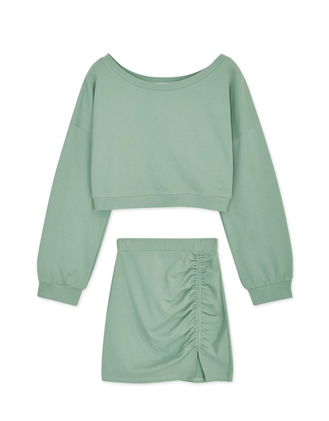 Slant Shoulder Wrinkle Slit Elastic Skirt Setwear