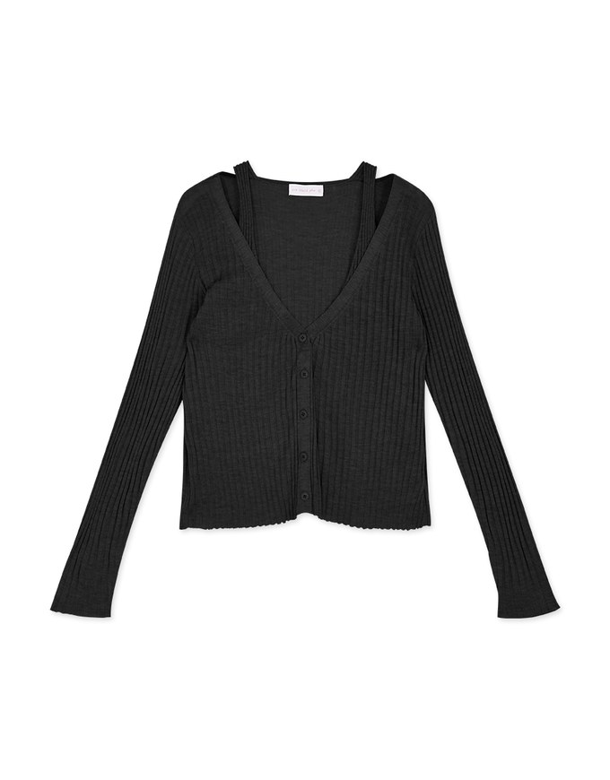 V-Neck Button Knit Fake Two-Piece Top