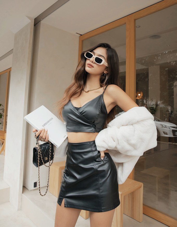 Side Button Slit Faux Leather Skirt