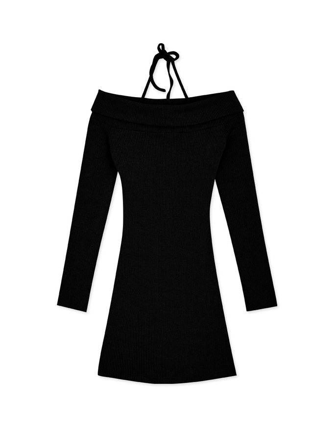 One-Shoulder Wrap-Neck Hollow-Knit Mini Dress