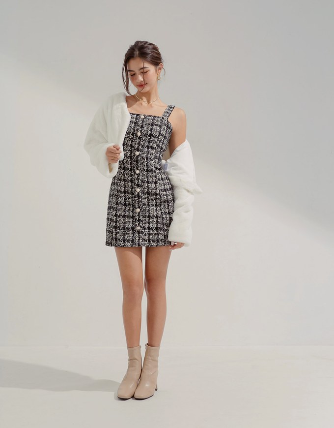 Chic Weave Pattern Beaded Button Vest Mini Dress