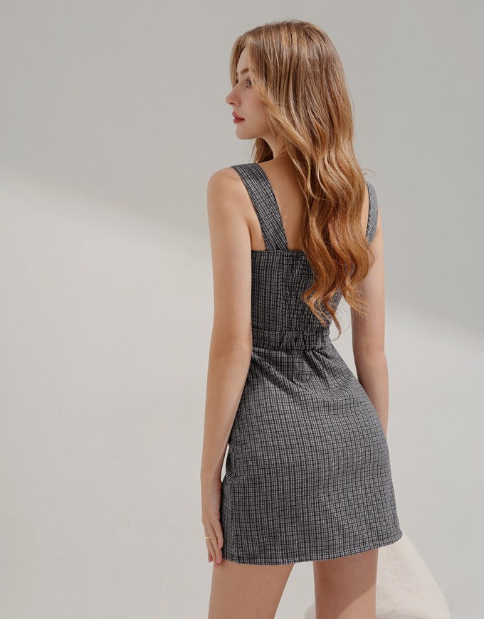V-Neck Check Pattern Tweed Mini Dress