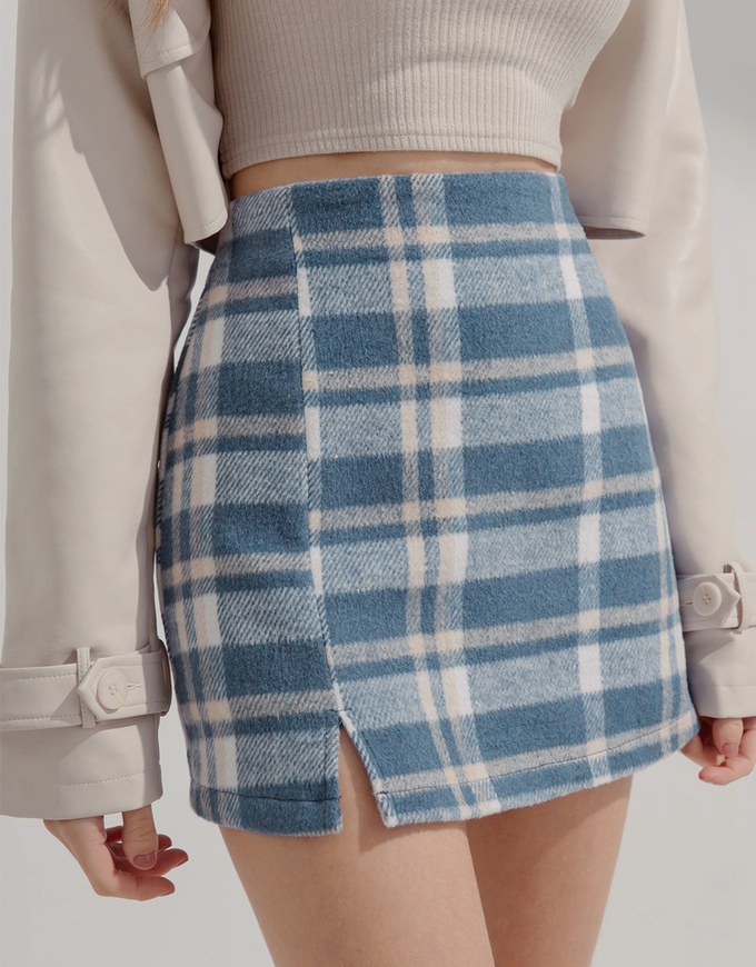 Checked Tweed Slit Skirt
