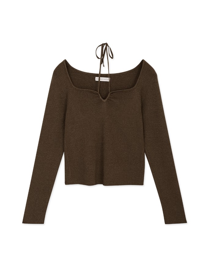 Small V Neck Tie Knit Long Sleeve Top