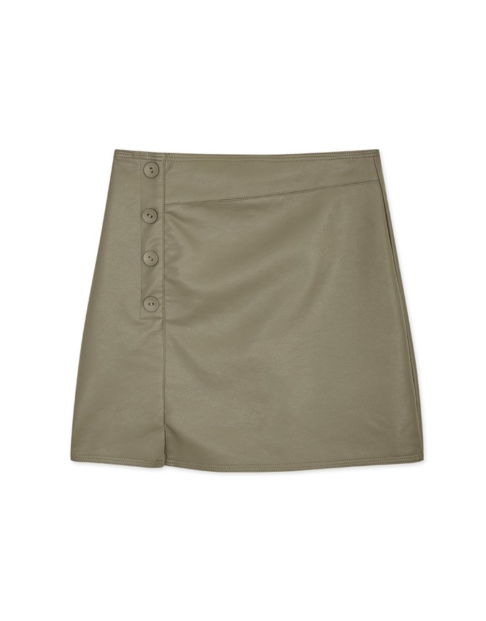 Side Breasted Slit High Waist Leather Skirt