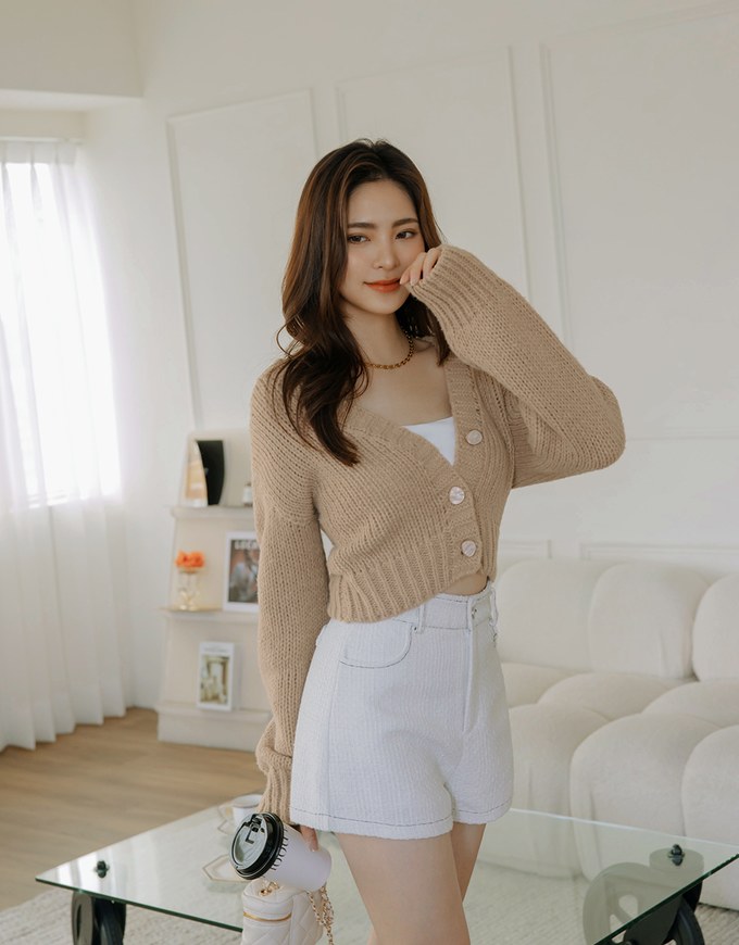 V Neck Button Up Loose Knit Crop Top