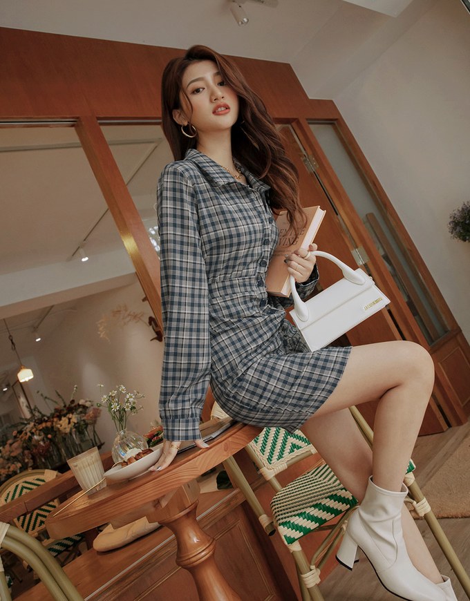 Lapel-Collar Checked Cropped Button-Up Mini Dress