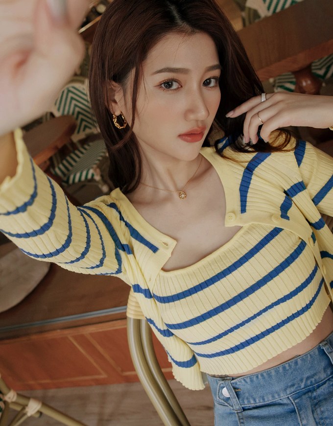 Contrast Striped Button-Down Two-Piece Knit Top
