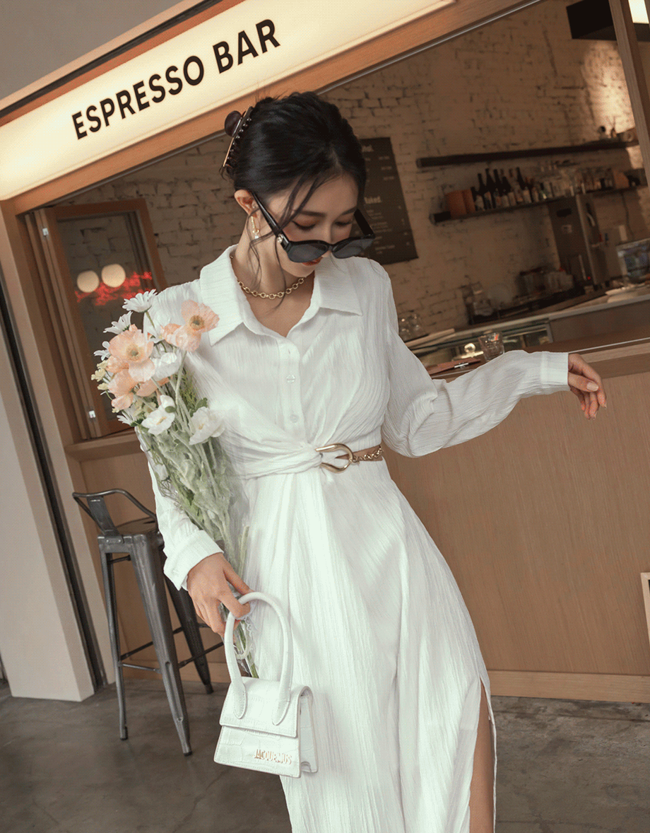 Lapel Side Gold Chain Hollow-out Long Dress
