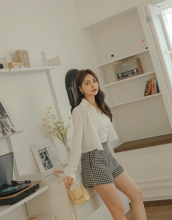 Button Up Two Piece Crop Blouse Shirt  (With Padding)