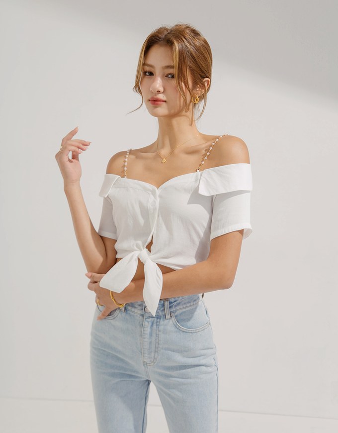 Pearl Chain Shoulder Lace-Up Top