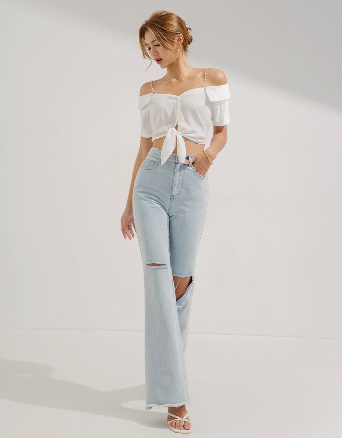 Pearl Chain Shoulder Lace-Up Top
