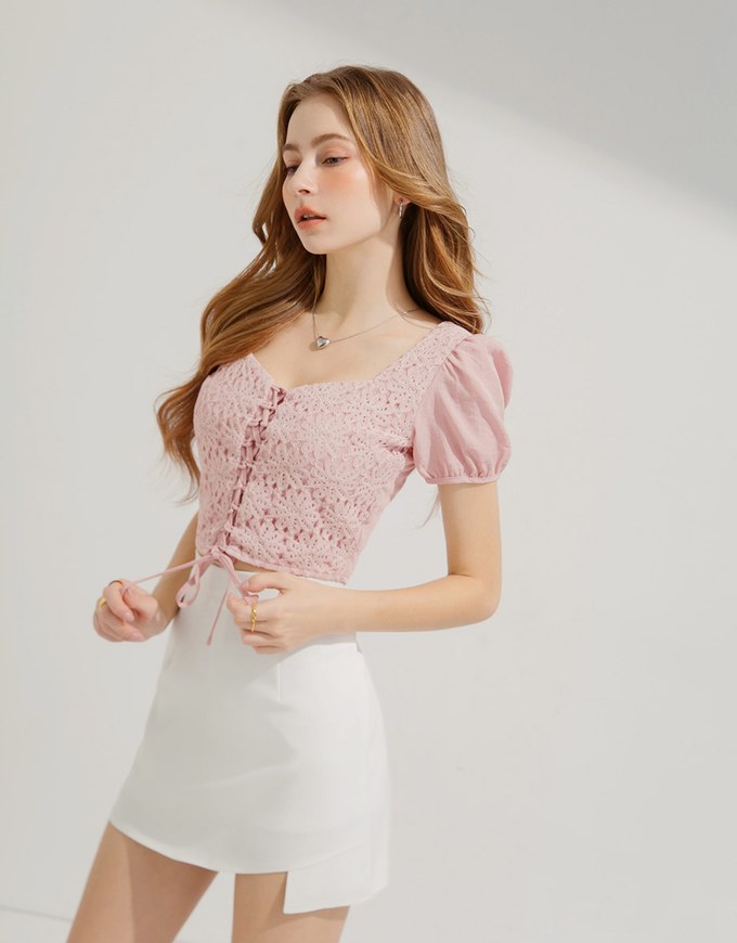 Petal Lace Tie Short Sleeve Top