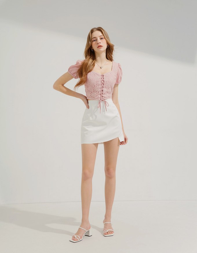 Petal Lace Tie Short Sleeve Top