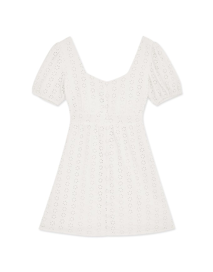 Embroidered Lace With Puffed Sleeves Mini Dress(With Padding)
