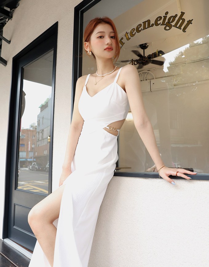 Gold Chain Hollow Slit Maxi Long Dress (With Padding)