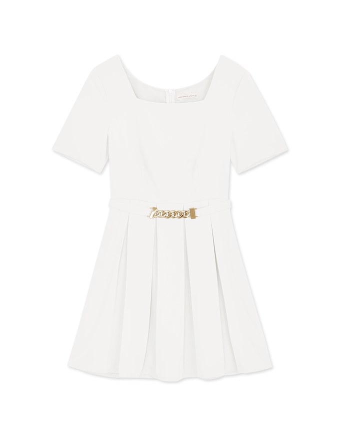 Square Neck Pleated Mini Dress (With Belt)