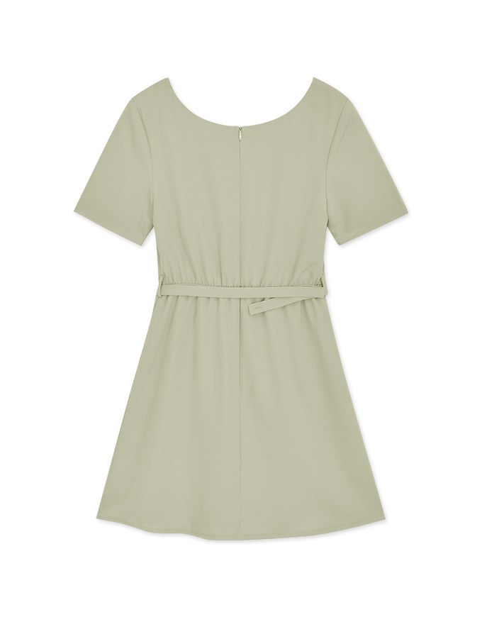 Square Neck Pleated Mini Dress (With Belt)