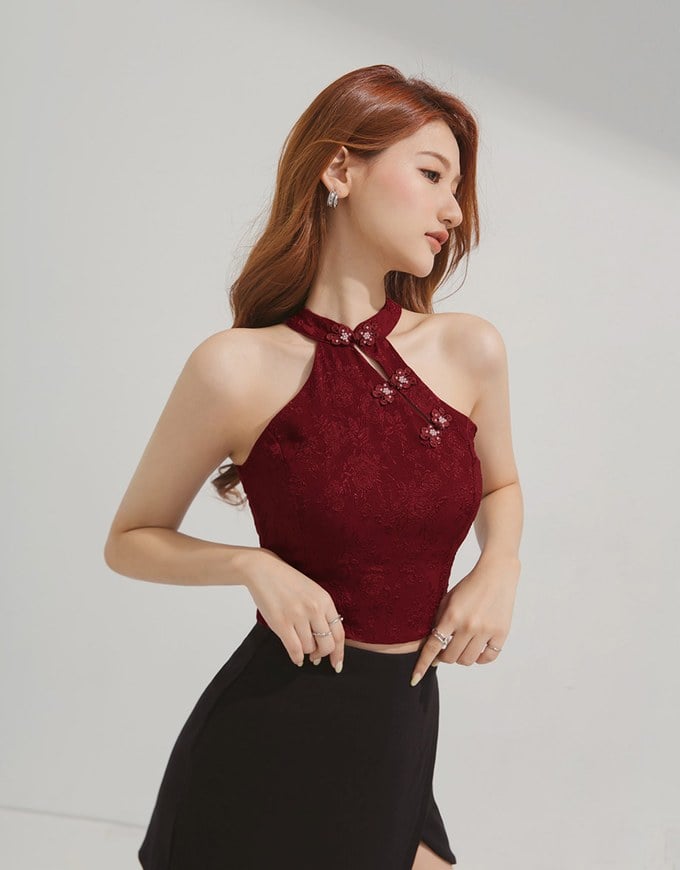 Embossed Cheongsam Collar Halter Neck Qipao Top