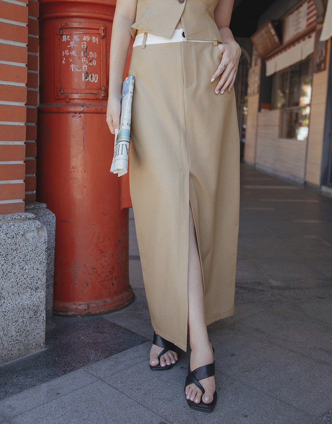 Ready Stock【Elecher's Design】Stylish Contrast Color Front Slit Suit Maxi Maxi Long Skirt
