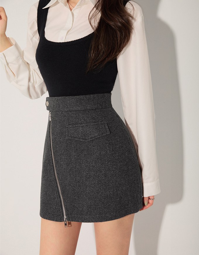 Casual Double-Zip   Tweed Mini Skirt
