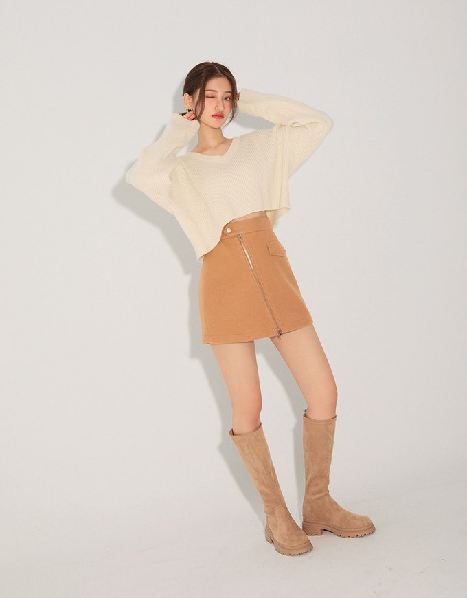 Casual Double-Zip   Tweed Mini Skirt