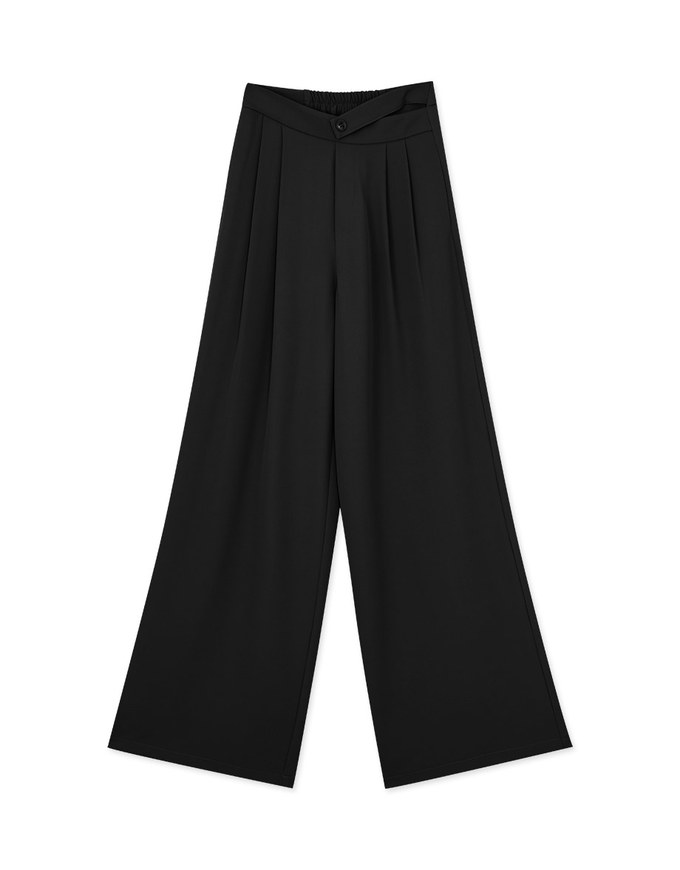 Skewed Single-Button Pleated Wide Trousers