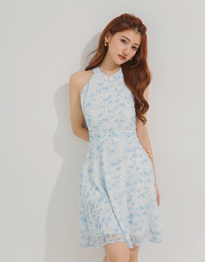 Off-Shoulder Floral Chiffon Cheongsam Mini Dress
