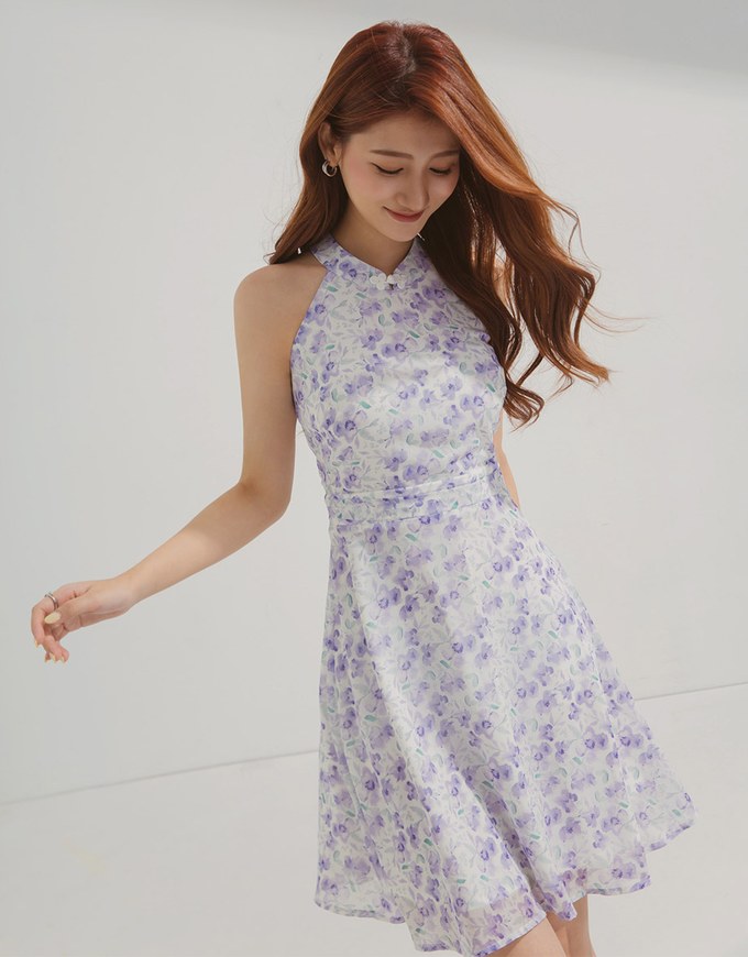 Off-Shoulder Floral Chiffon Cheongsam Mini Dress