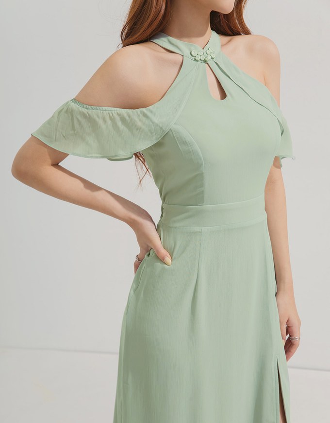 Cheongsam Collar Off Shoulder Slit Dress