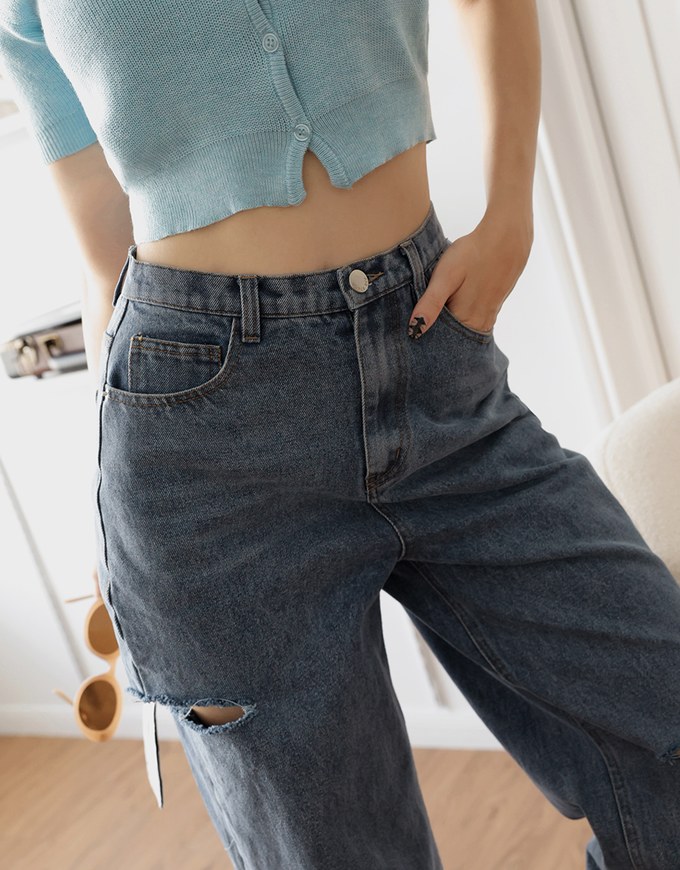 Sexy Side Cut Denim Jeans Wide Pants