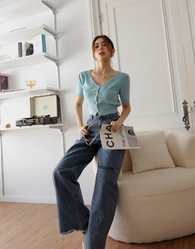 Sexy Side Cut Denim Jeans Wide Pants