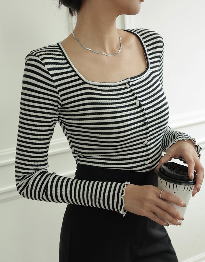 Striped Square Neck Top (With Shoulder Pads)