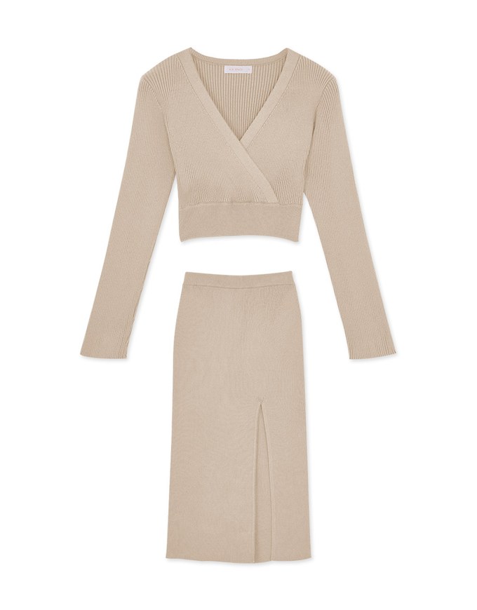 V Neck Knit Bodycon Slit Knit Suit